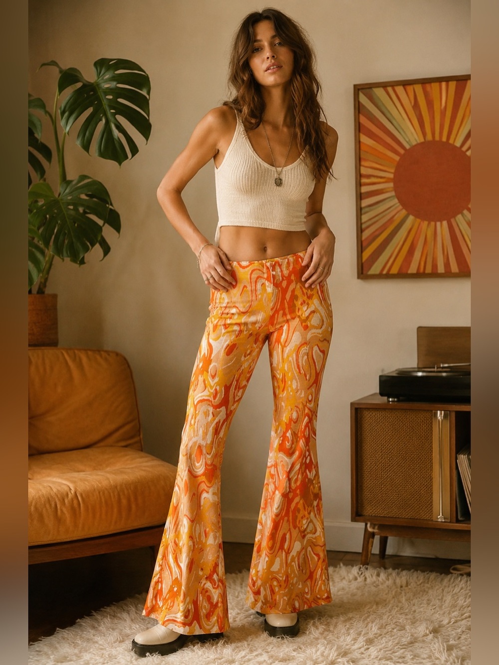 Zara Orange Abstract Flare Pants NWT Size S Retro Knit